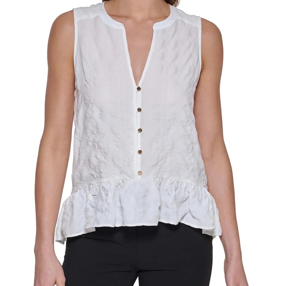 DKNY White Sleeveless Peplum Top L Button Front Chic Blouse